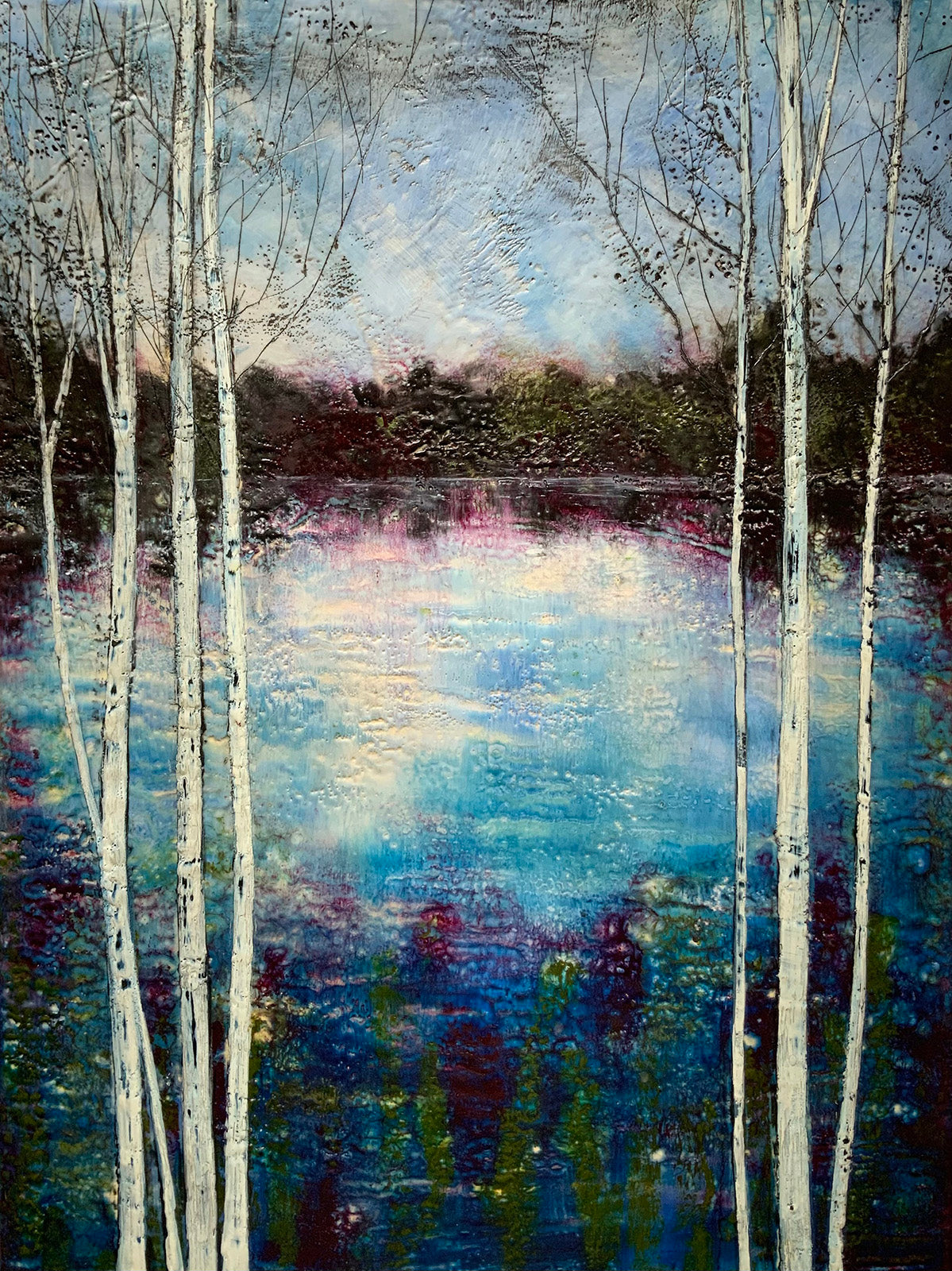 Landscape “Passing Through” by Sarah Hunter – encaustic on panel.