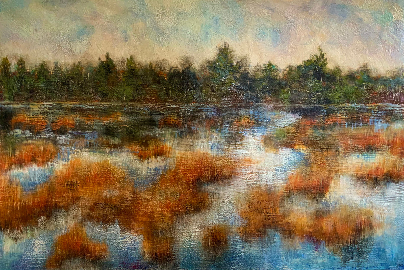 Landscape “Whispering Marsh” by Sarah Hunter – encaustic on panel.