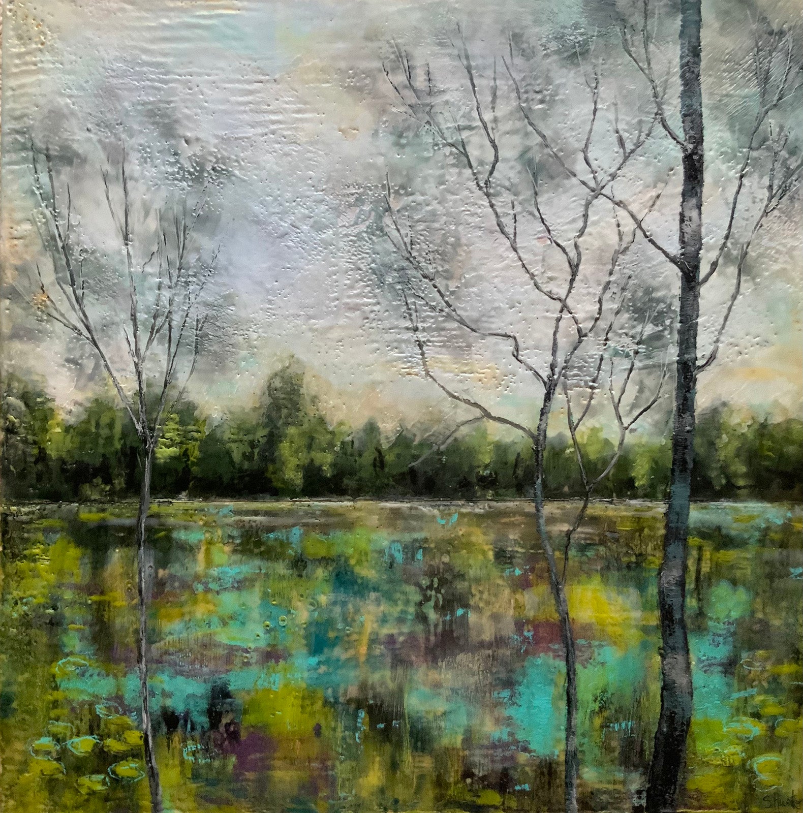 Landscape “Summer Lake” by Sarah Hunter – encaustic on panel.