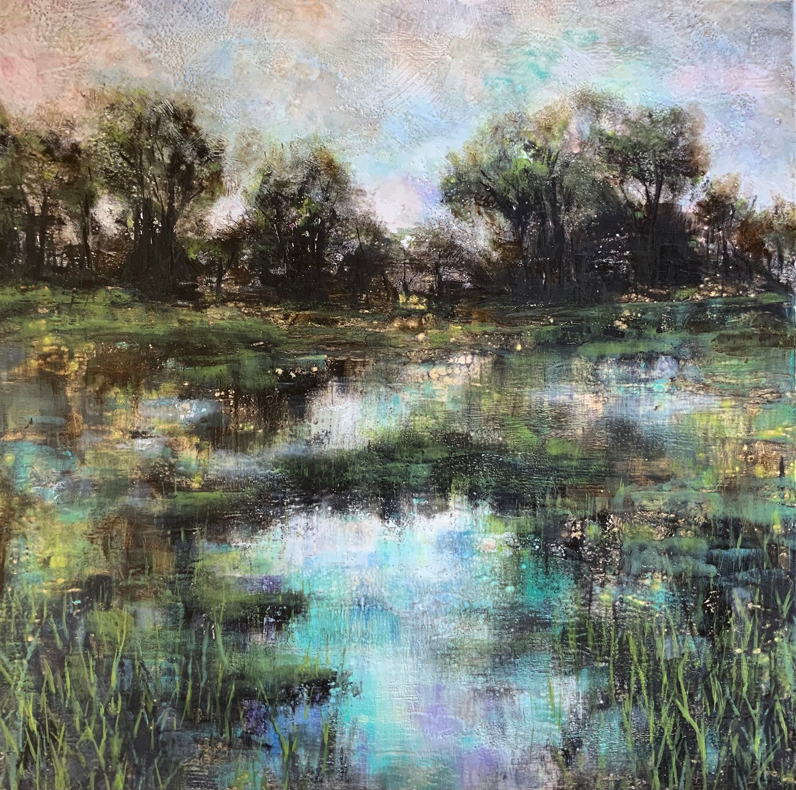 Landscape “Summer Reflections” by Sarah Hunter – encaustic on panel.