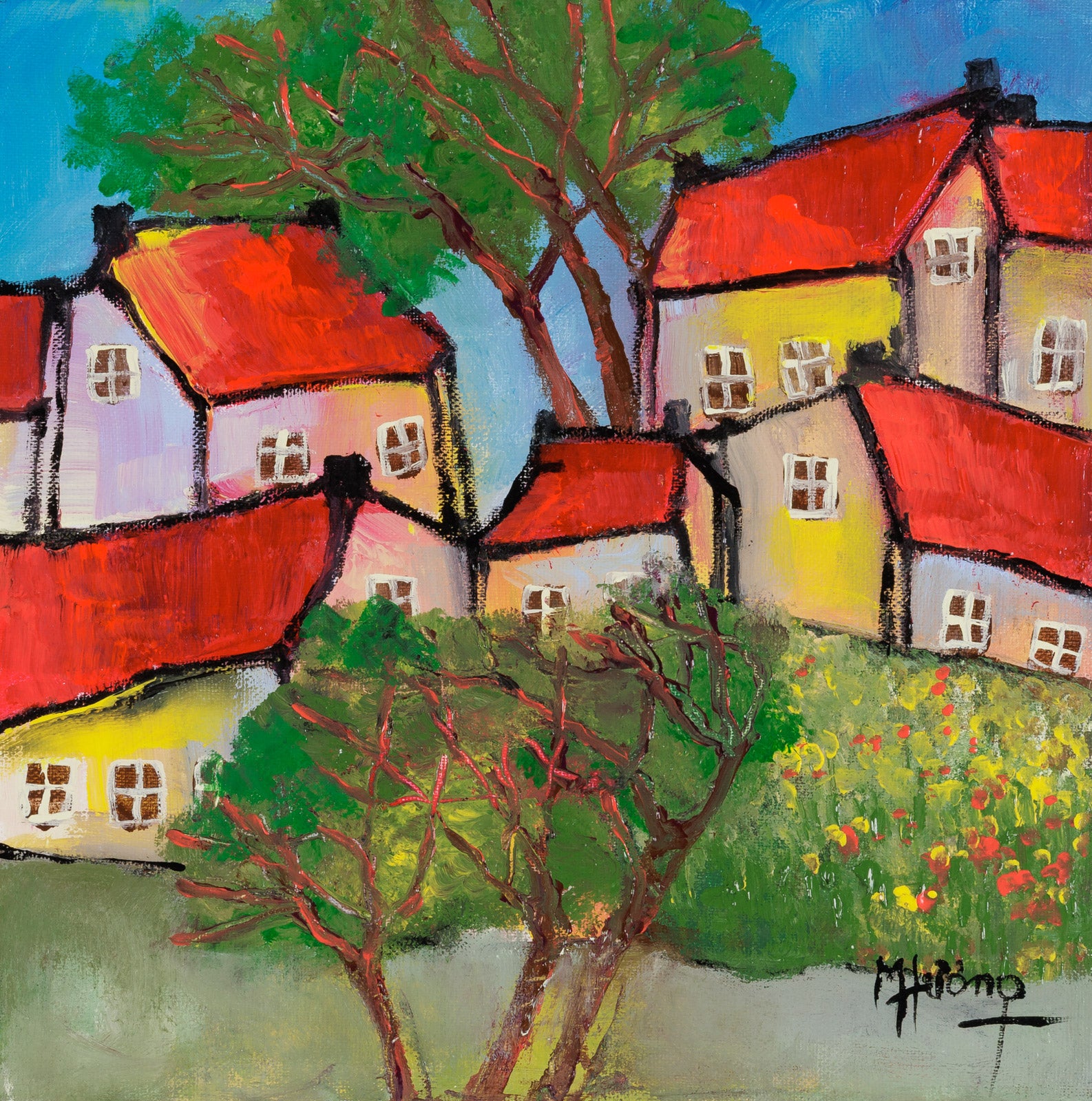 Landscape “Little Houses With Red Roofs” by Patricia Huong – acrylic on canvas.