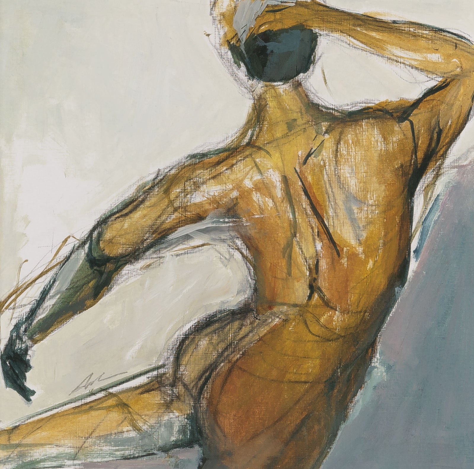 Joanna Aplin, "Dancing Man," mixed media on paper, 20 x 20 in., figurative work of a nude male dancer, framed