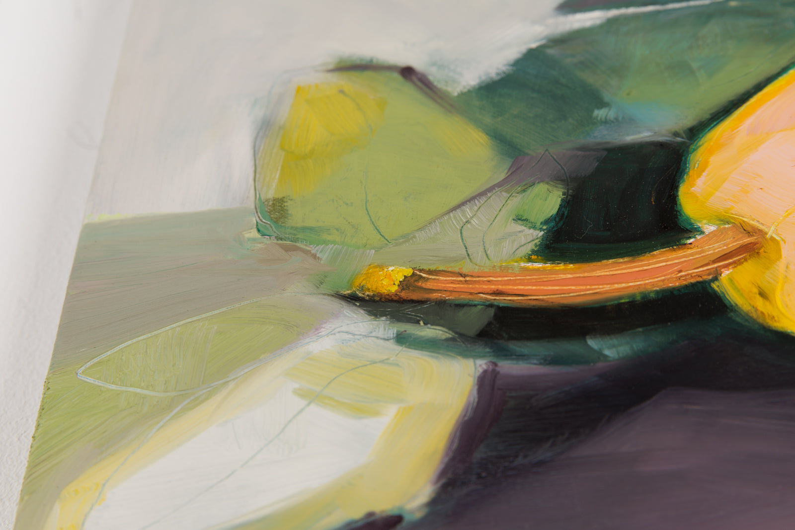 Joanna Aplin, "Three Pears," detail view, oil on canvas