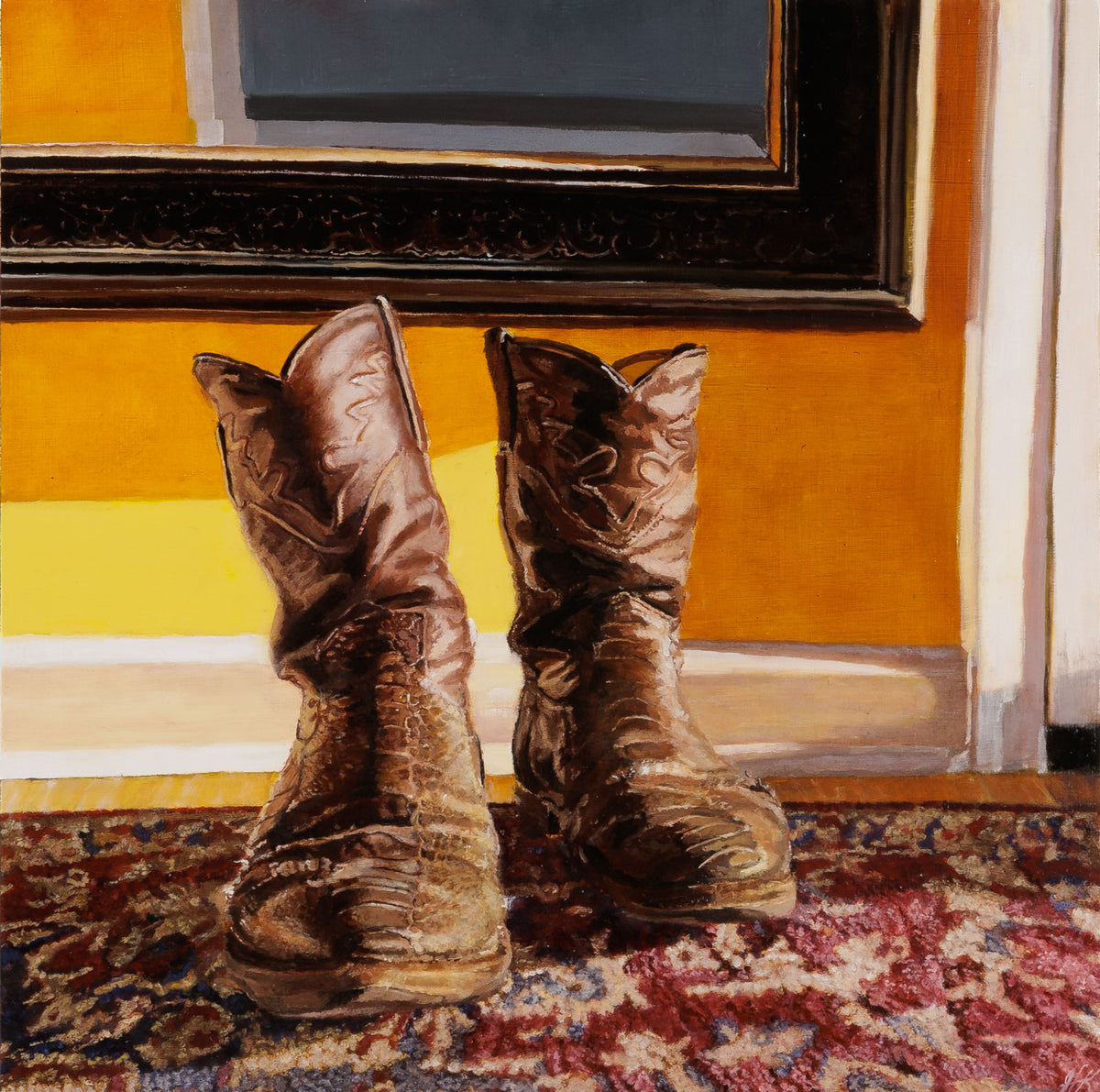 Jen Kershaw, "Boots & Hearts," oil on panel, 24 x 24 in, Contemporary still-life painting with cowboy boots