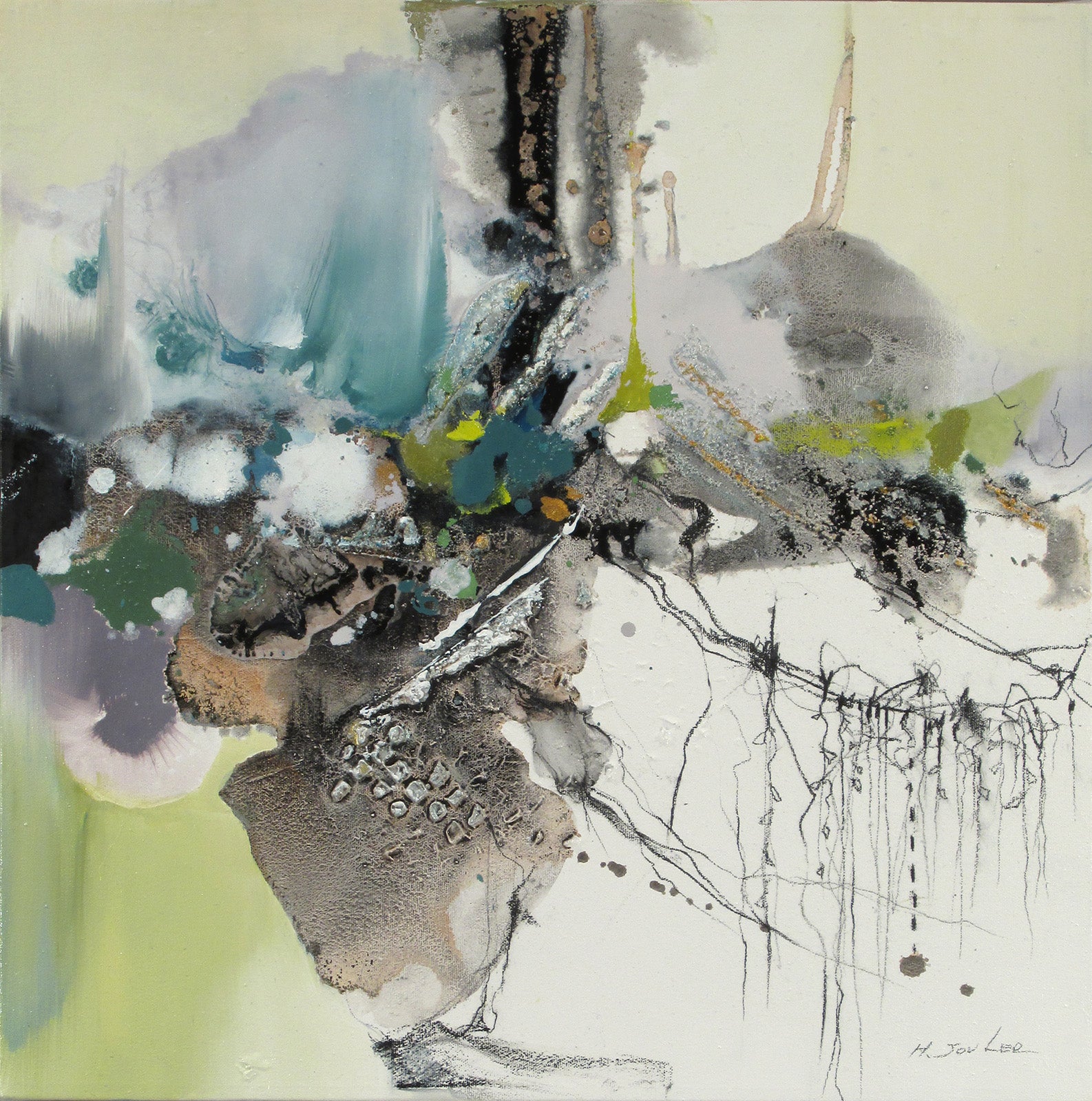 Abstracts “Printemps Eternel II” by Hyun Jou – mixed media on canvas.