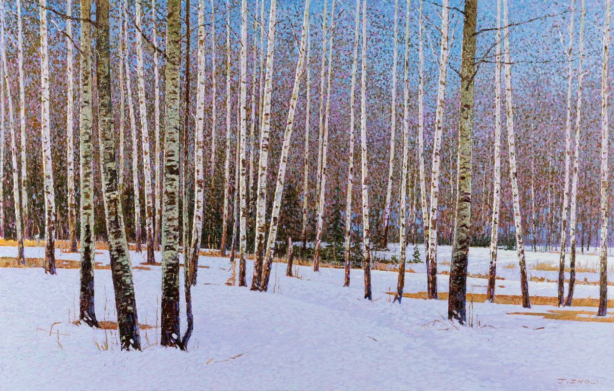 Jack Zhou, "Snowy Scenery V," oil on canvas, 32 x 50 in, contemporary landscape painting, framed