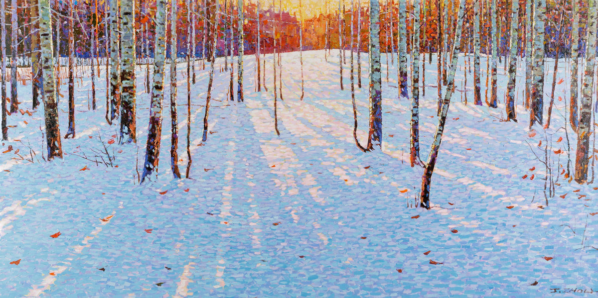 Jack Zhou, "Snowy Scenery IV," oil on canvas, 30 x 60 in, contemporary landscape painting, framed