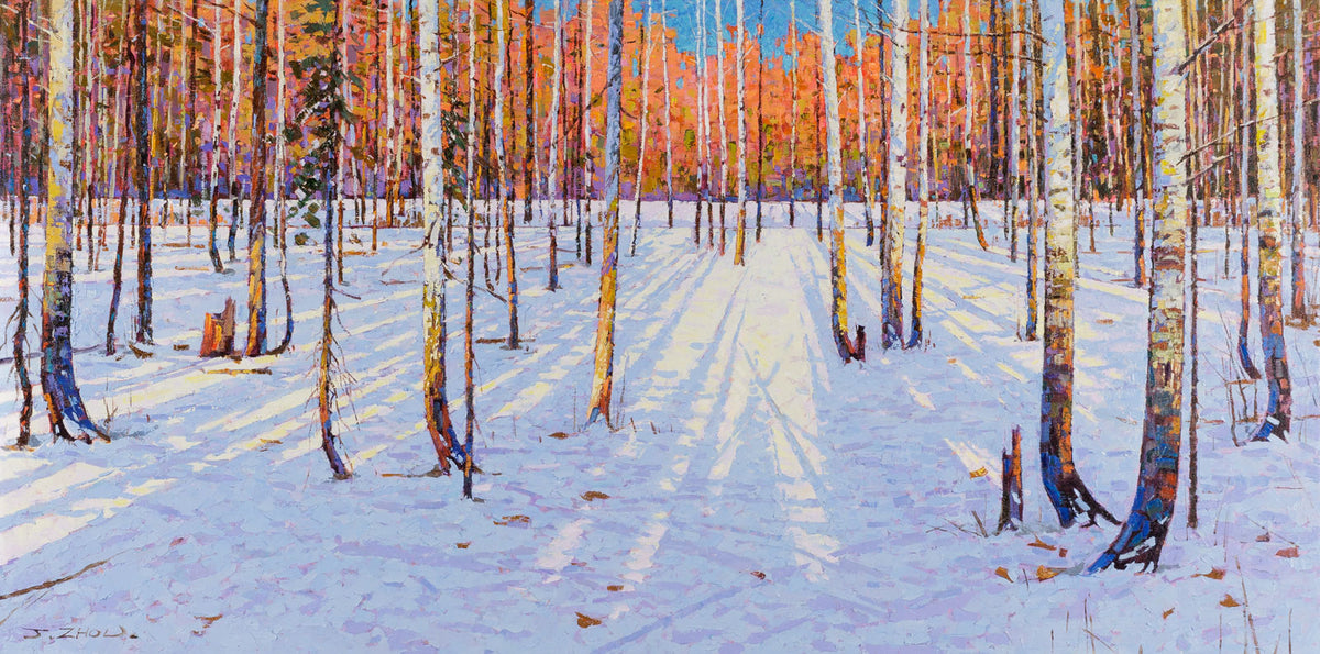 Jack Zhou, "Snowy Scenery II," oil on canvas, 24 x 48 in, contemporary landscape painting, framed