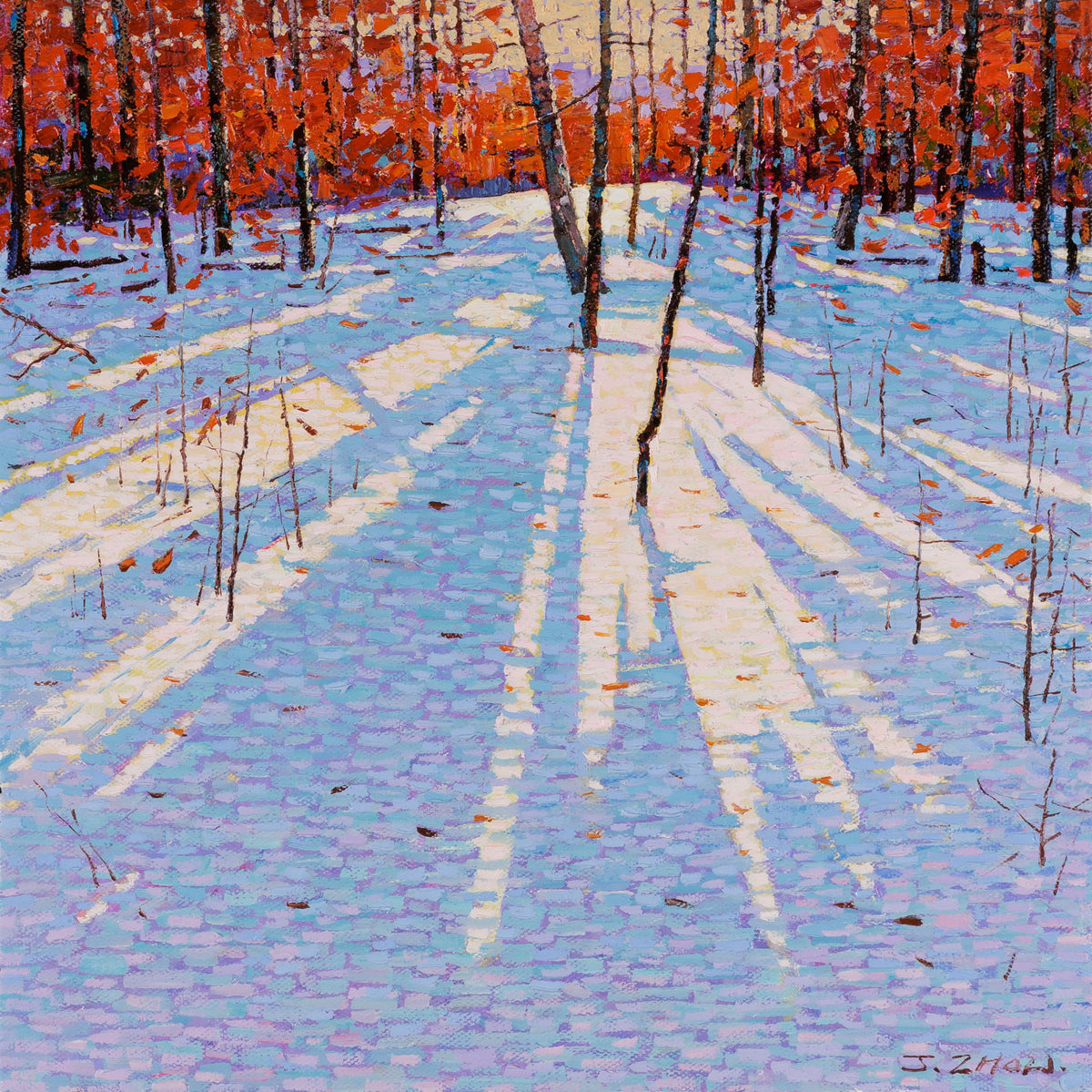 Jack Zhou, "Seasonal Change," oil on canvas, 18 x 18 in, contemporary landscape painting, framed