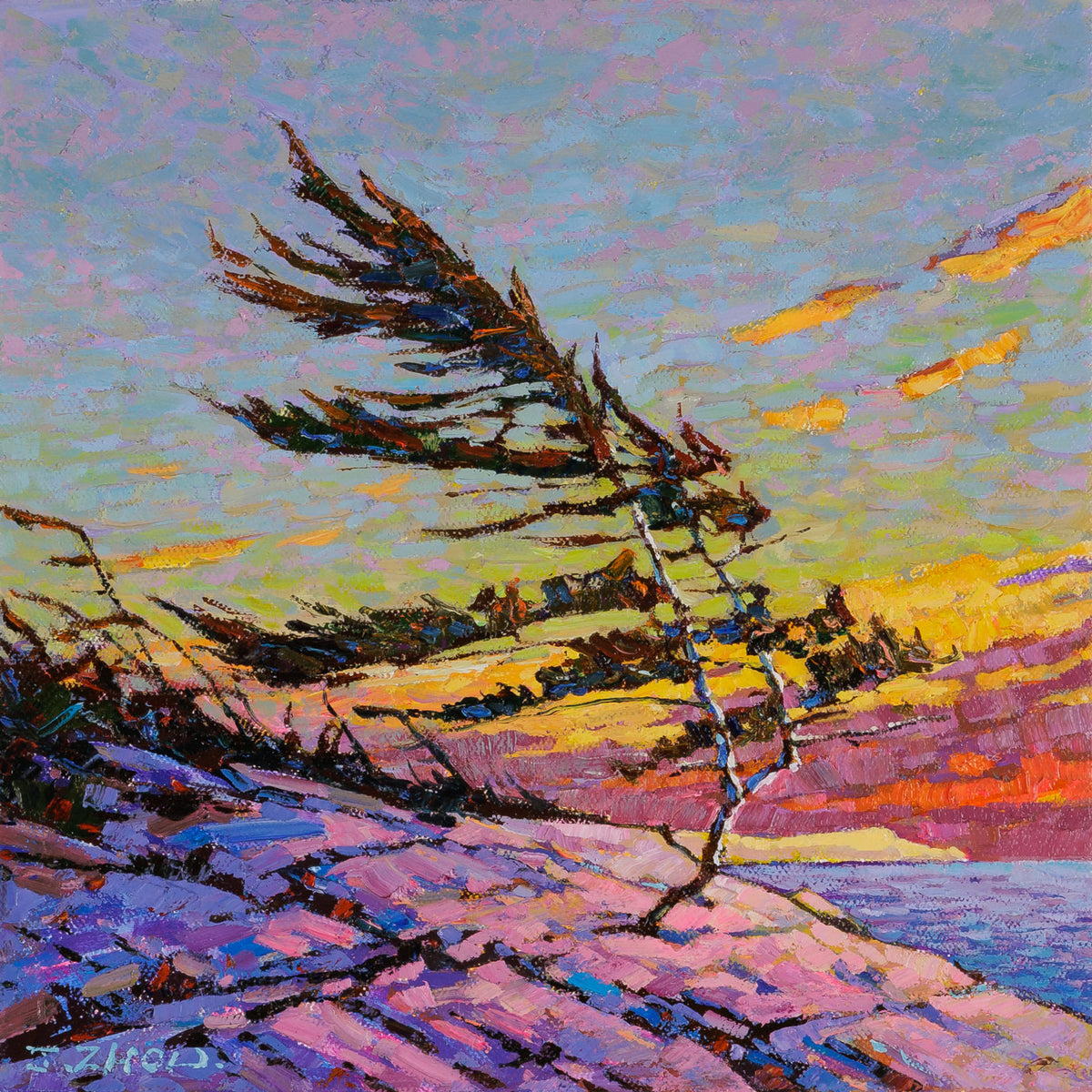 Jack Zhou, "The Shaping Of Nature," oil on canvas, 12 x 12 in, contemporary landscape painting, framed