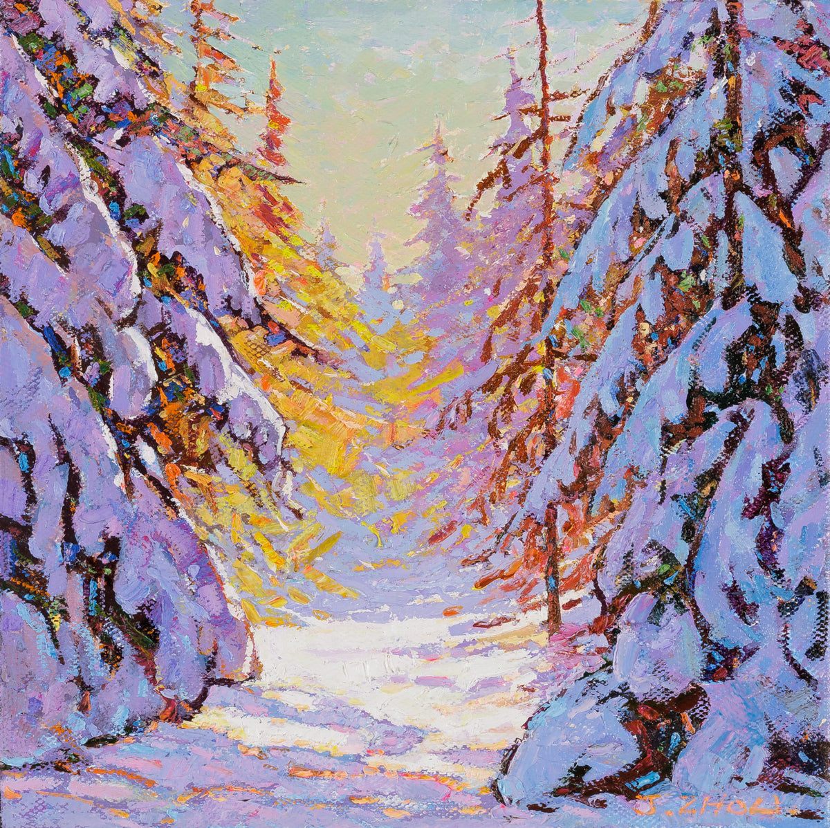 Jack Zhou, "A Ray Of Warm Sunshine," oil on canvas, 12 x 12 in, contemporary landscape painting, framed
