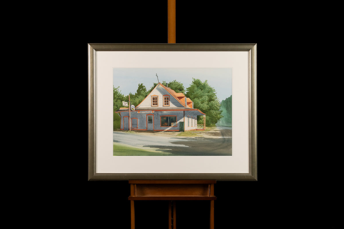 Jack Reid, "Restaurant," watercolour on paper, 21 x 28 in, traditional landscape with restaurant, framed
