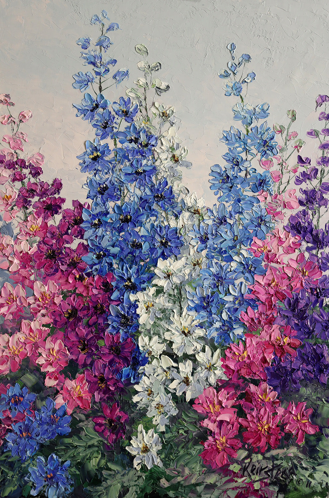 Floral “Colourful Delphiniums” by James Keirstead – oil on panel.