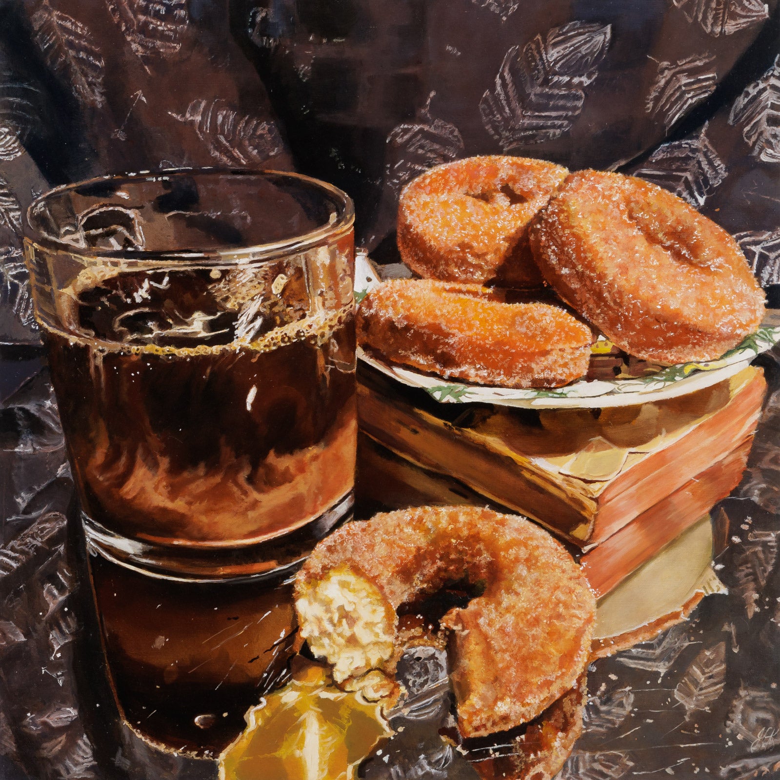 Still-Life “Spiced Sugar Doughnuts & Coffee” by Jen Kershaw – oil on panel.