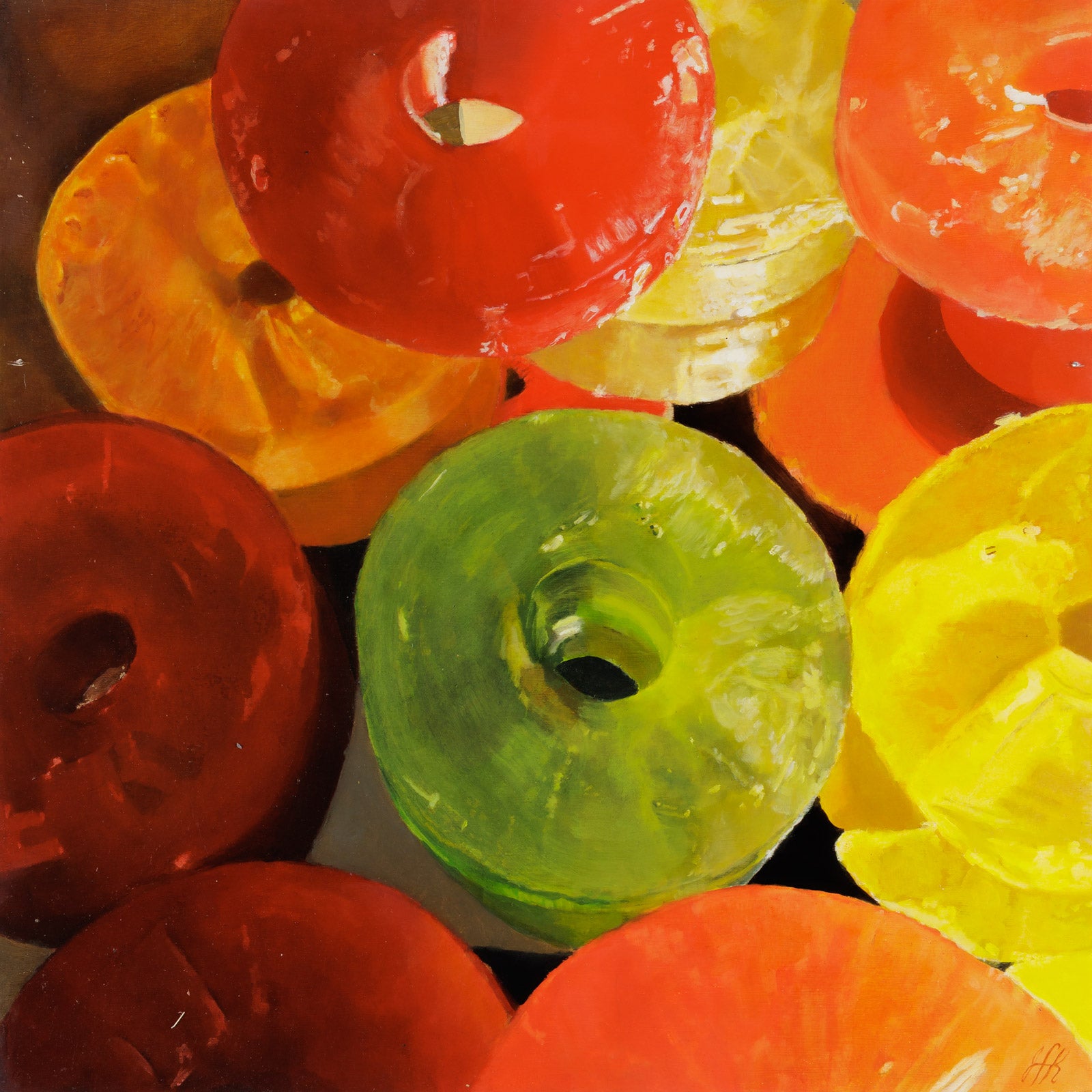 Still-Life “A Study In Five Fruit Flavours” by Jen Kershaw – oil on panel.