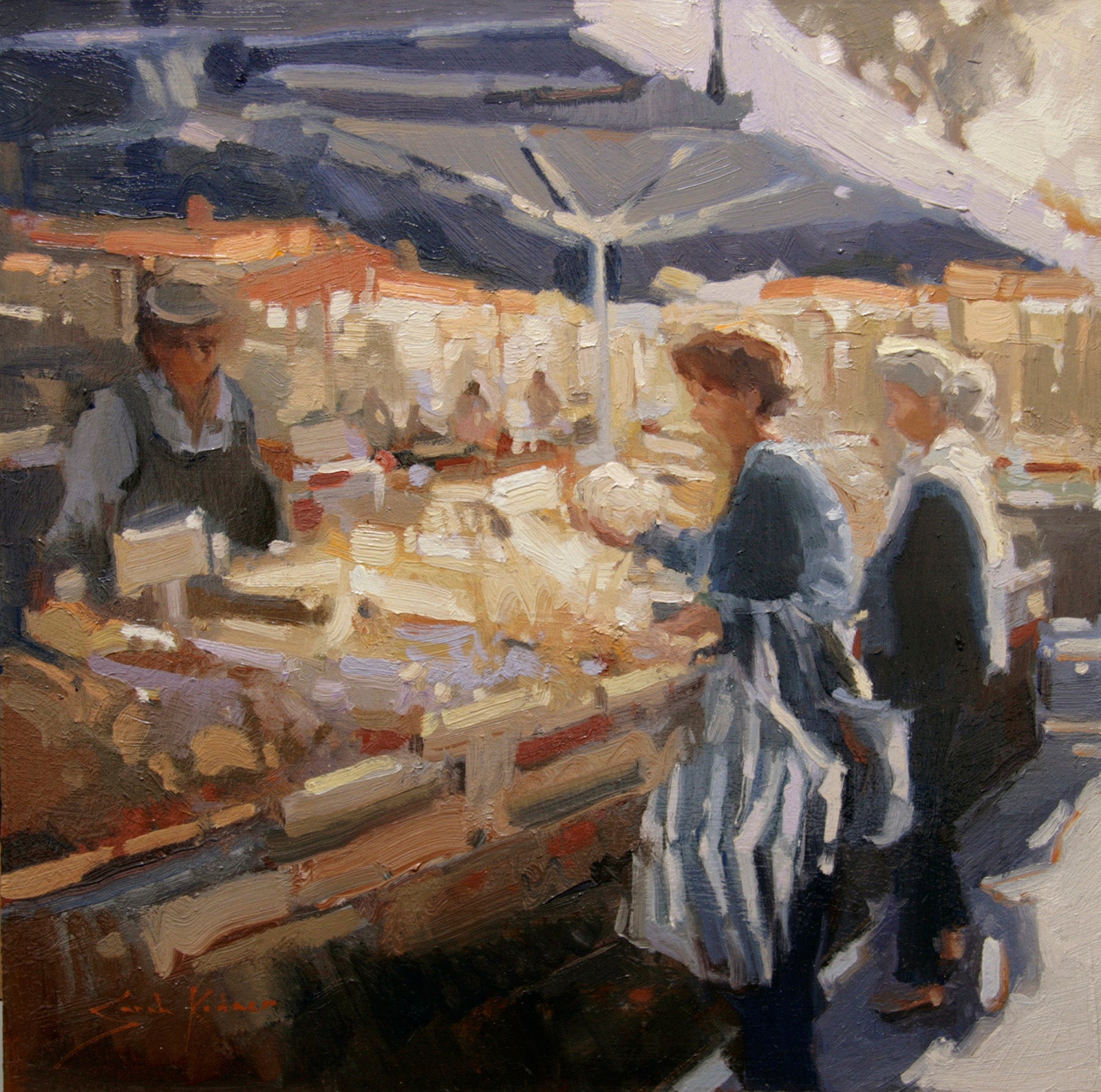 Cityscape “Shopping In Provence” by Sarah Kidner – oil on panel.