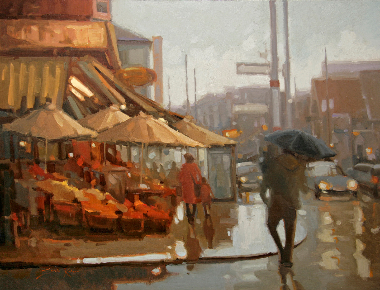 Cityscape “Let It Rain” by Sarah Kidner – oil on panel.