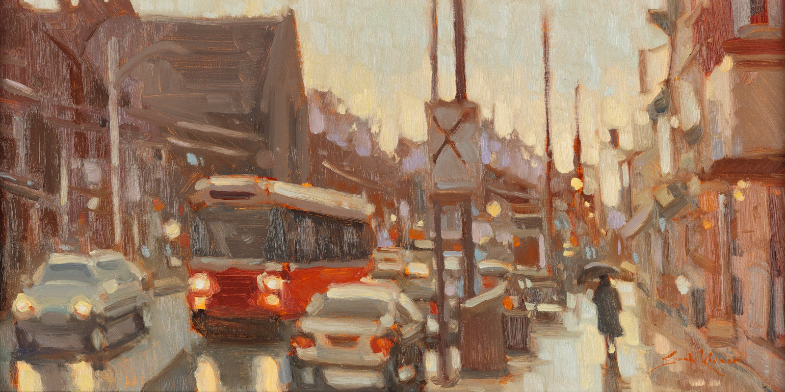 Figurative “Rainy Day In The City” by Sarah Kidner – oil on panel.