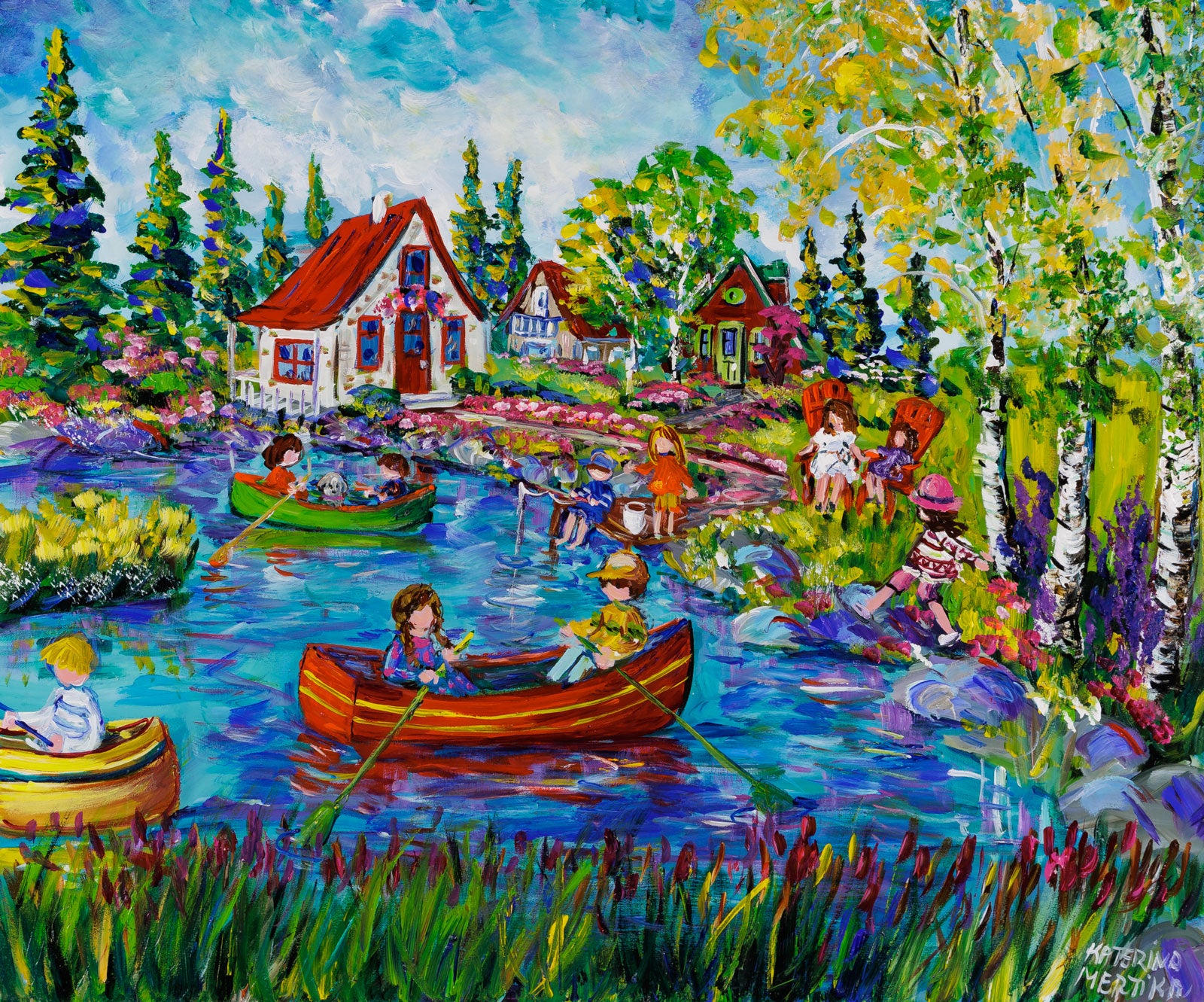 Katerina Mertikas, "By The Lake," acrylic on canvas, 30 x 36 in., naïve-style painting of children by a cottage lake with a canoe, framed