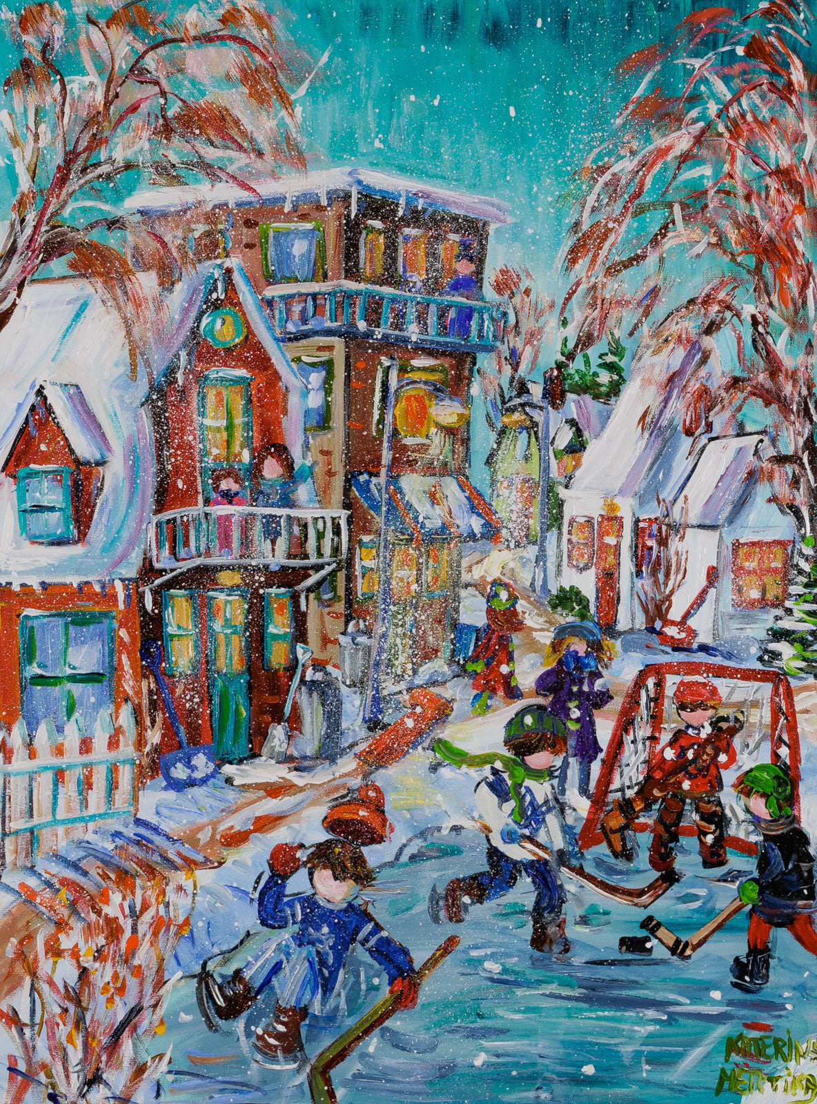Katerina Mertikas, "Action On The Ice," acrylic on canvas, 24 x 18 in., naïve-style painting of children playing hockey, framed