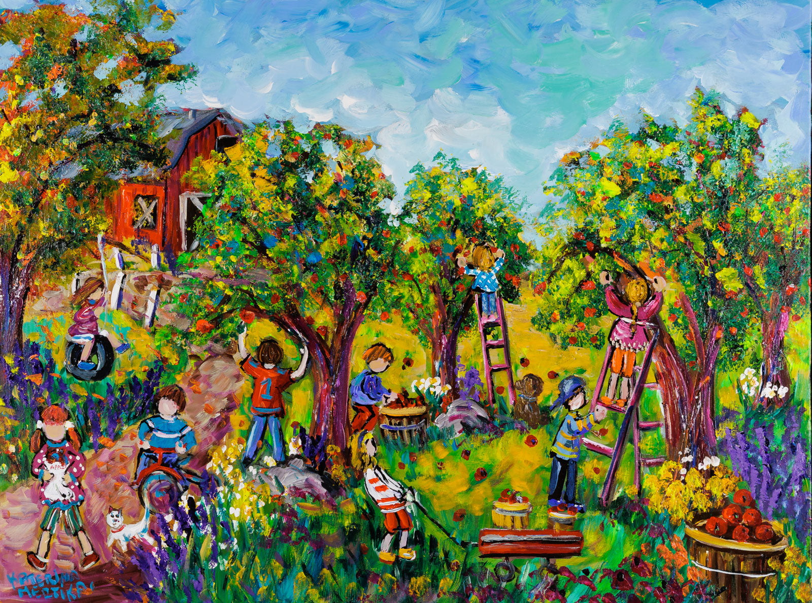 Katerina Mertikas, "Apples In The Orchard," acrylic on canvas, 30 x 40 in., naïve-style painting of children picking apples in an orchard, framed