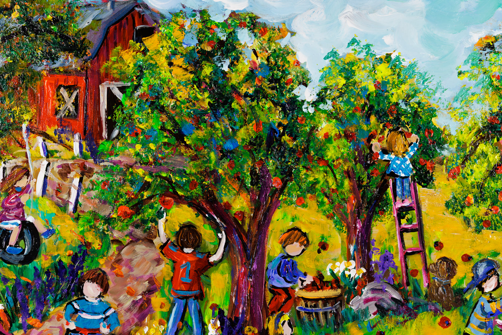 Katerina Mertikas, "Apples In The Orchard," detail view, acrylic on canvas