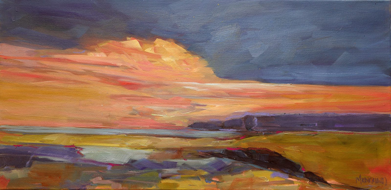 Landscape “Sunset On A Rugged Landscape” by Martha Kokkinos – oil on canvas.