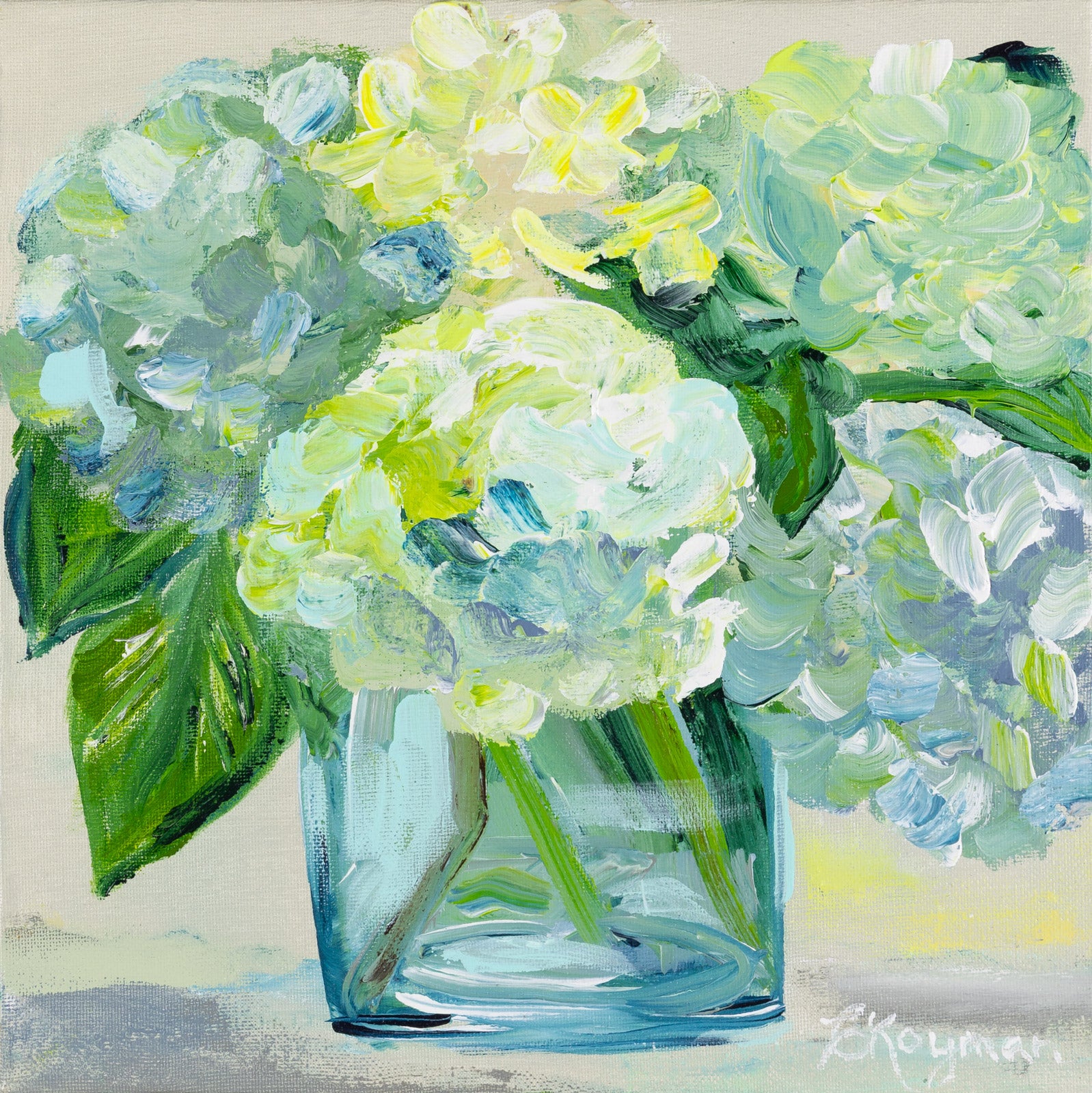 Floral “Blue Bliss” by Caroline Koyman – acrylic on canvas.