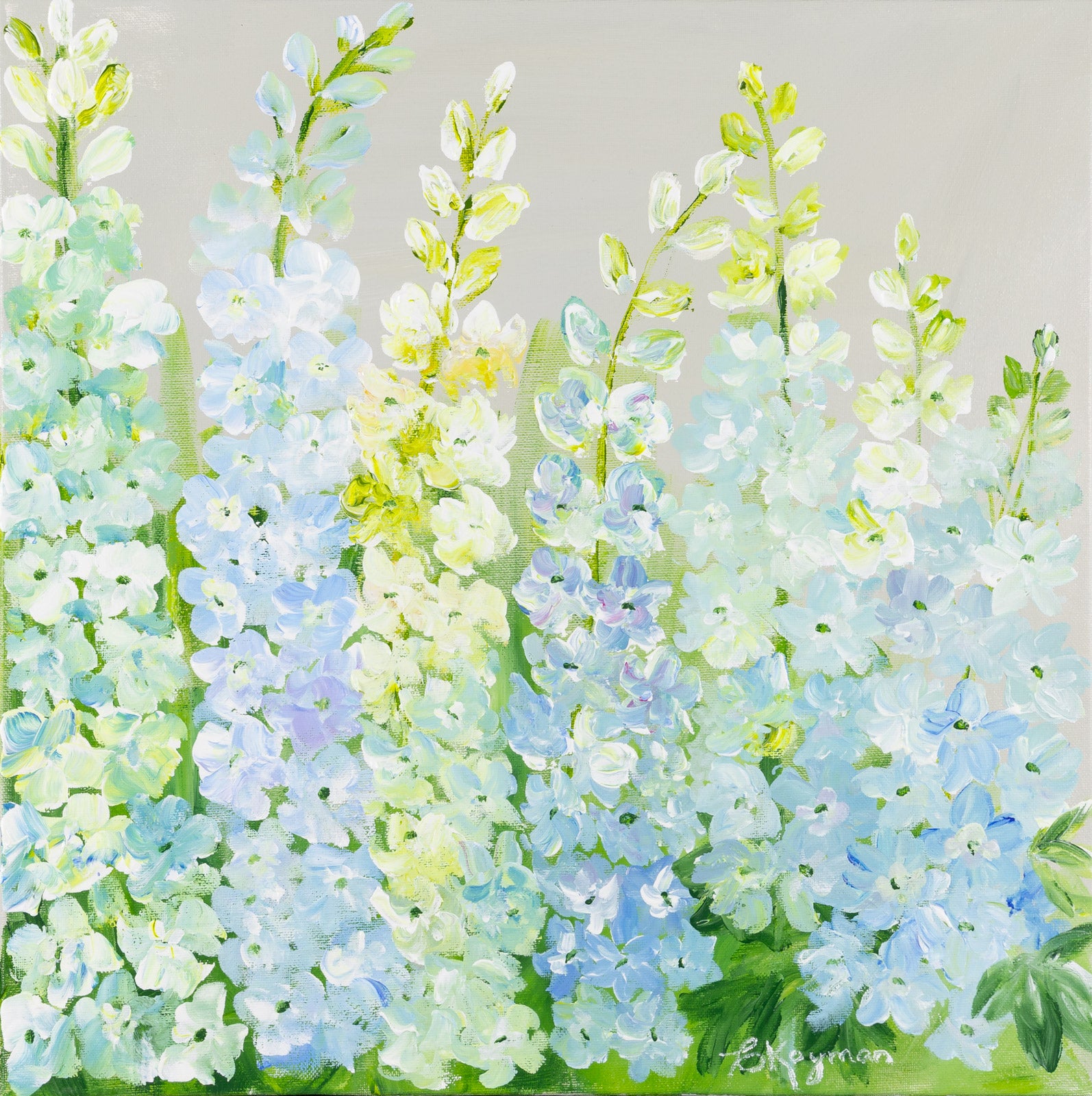 Floral “Delightful Delphiniums” by Caroline Koyman – acrylic on canvas.