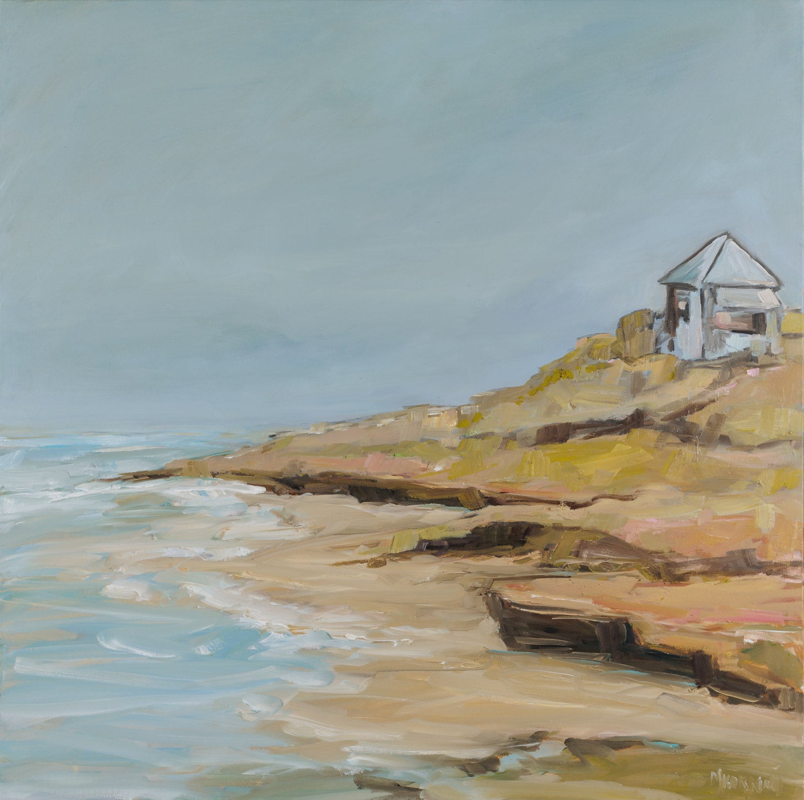 Landscape “Beach House At Waters Edge” by Martha Kokkinos – oil on canvas.