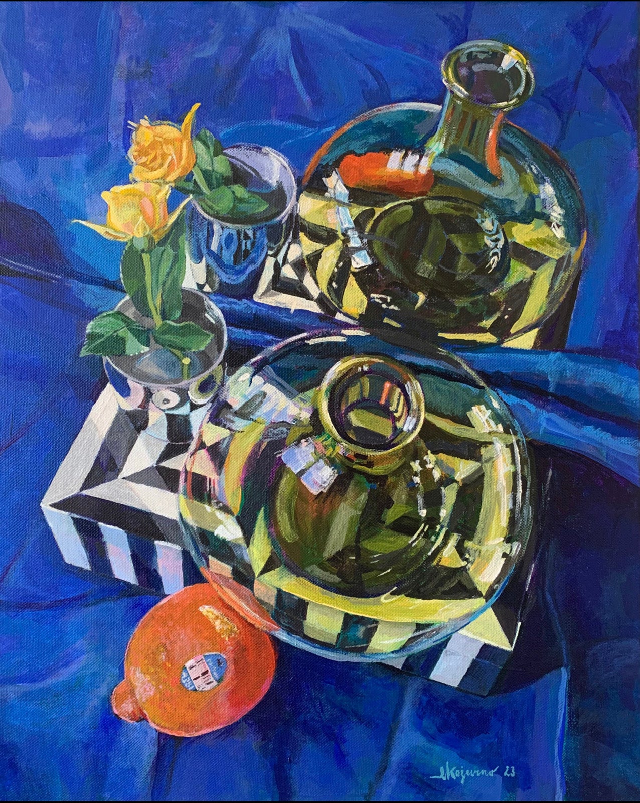 Still-Life “Still Life With Green Glass” by Eliza Kozurno – acrylic on canvas.