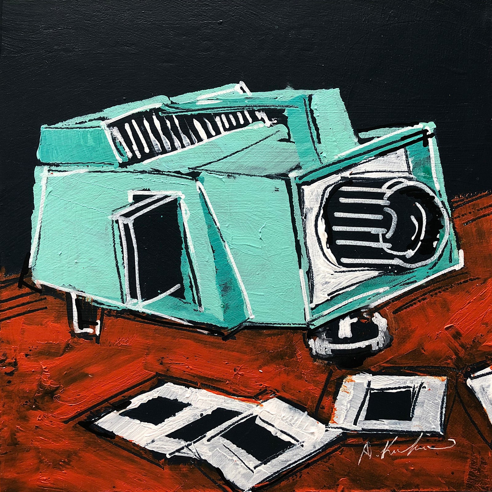 Still-Life “Slide Projector” by Debra Krakow – acrylic on panel.