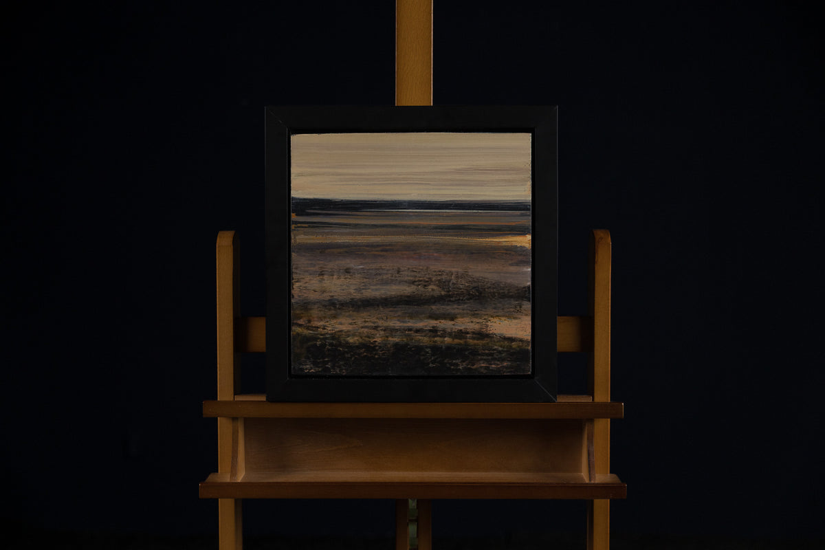 Ken Vincent, "The Lake," acrylic on panel, 12 x 12 in, landscape painting with lake, framed