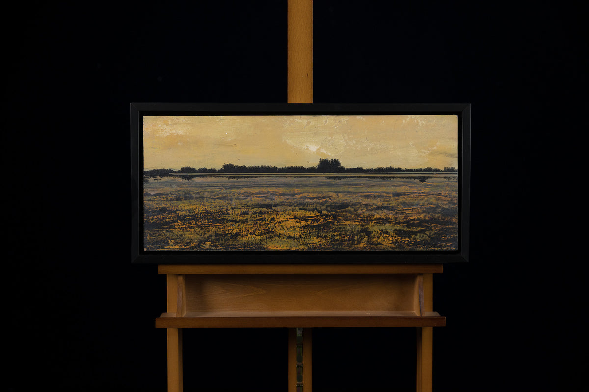 Ken Vincent, "Marshland 1140," acrylic on panel, 10 x 23 in, landscape painting with marsh, framed
