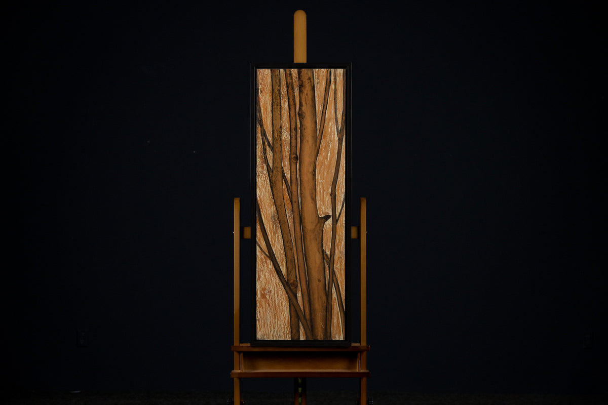 Ken Vincent, "Glossy Birches 34," mixed media on panel, 41 x 14 in, nature painting with birches, framed