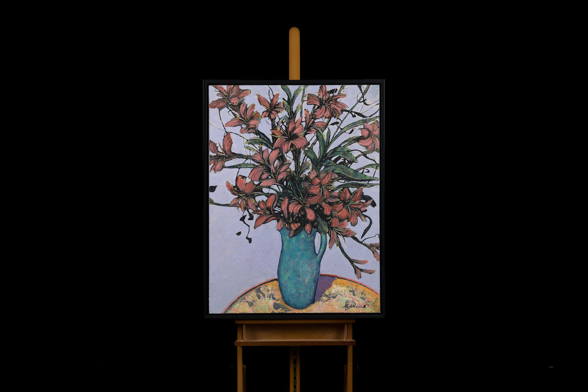 Ken Vincent, "Lilies In A Blue Vase I," acrylic on panel, 40 x 30 in, floral painting with lilies, framed