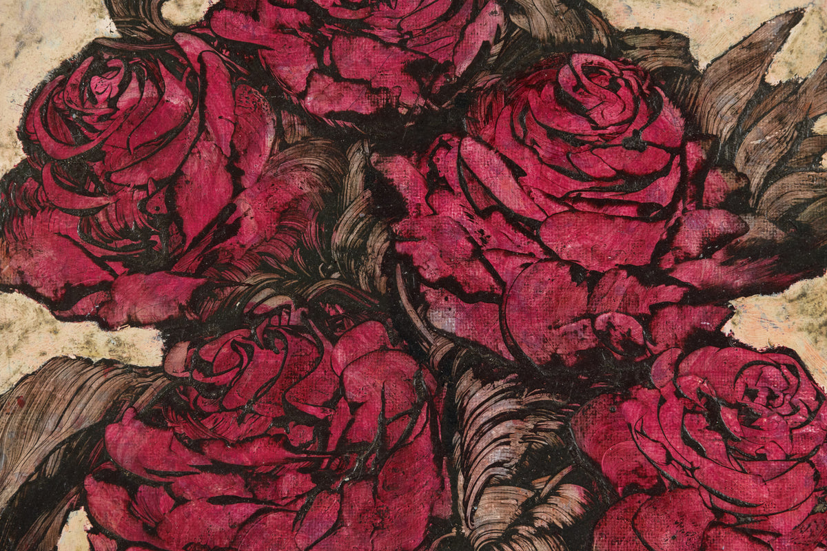 Ken Vincent, "Red Roses Bouquet," detail view, acrylic on panel