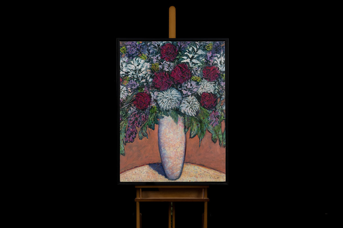 Ken Vincent, "Floral Bouquet," acrylic on panel, 40 x 30 in, floral painting with cut flowers, framed