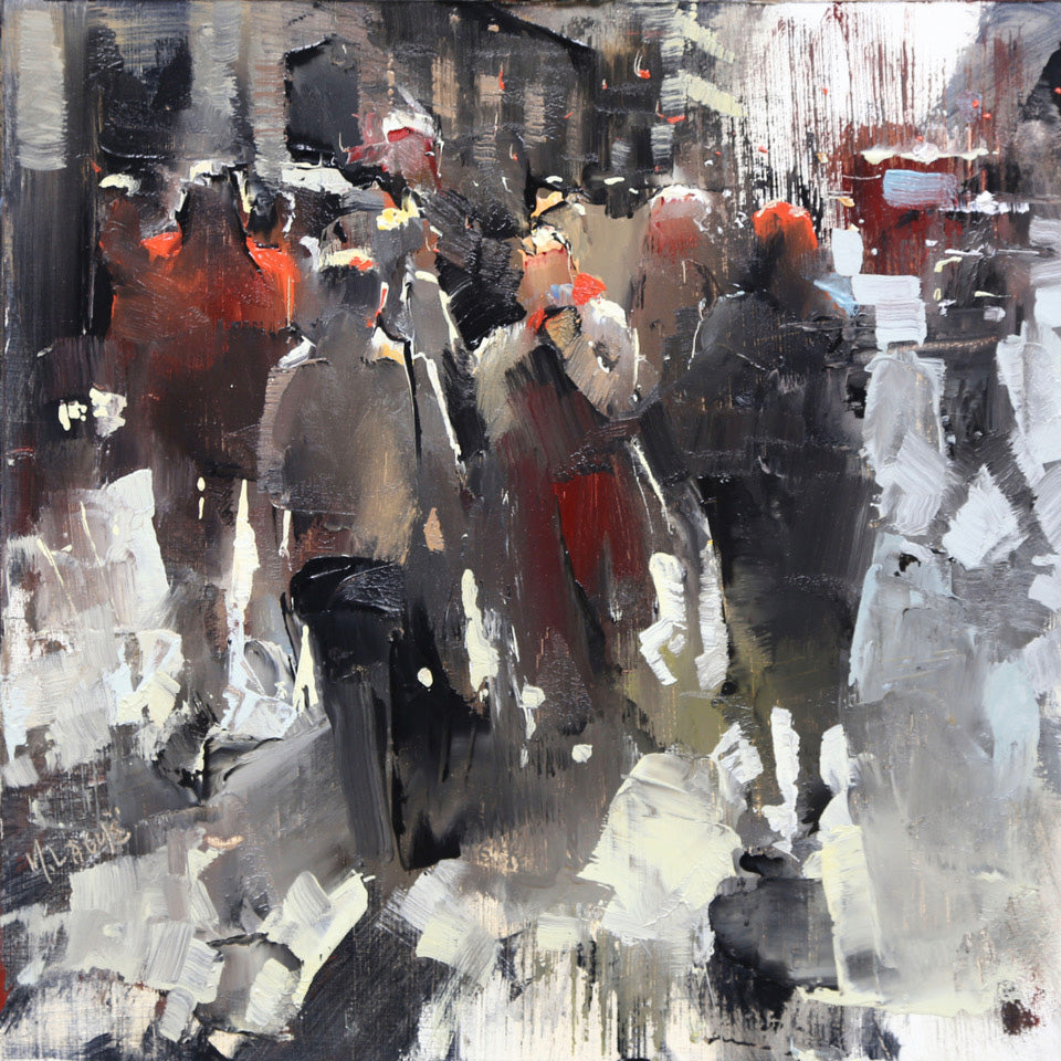 Cityscape “London Crowd” by Mark Lague – oil on panel.