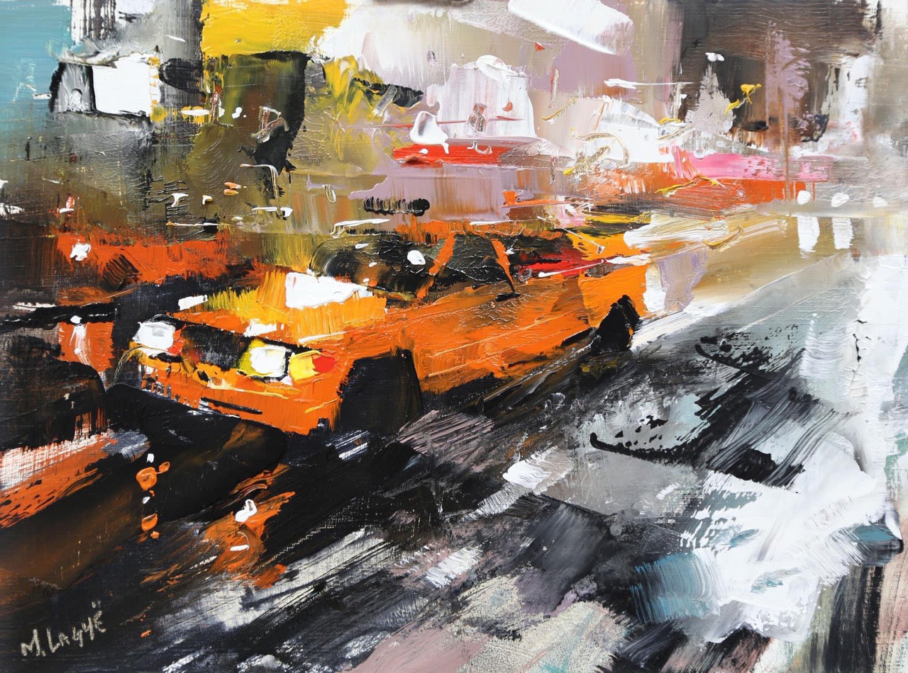 Cityscape “Cab In Midtown” by Mark Lague – oil on panel.