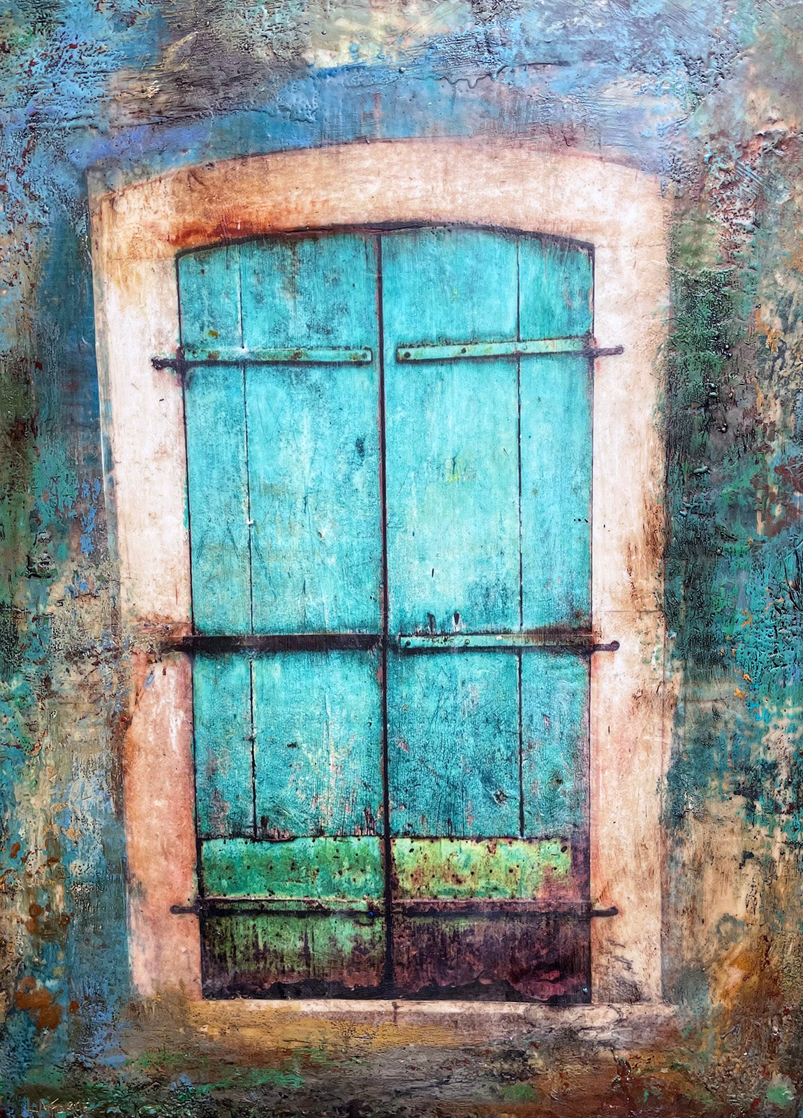 Architecture “Rustic Portal Turquoise” by Lee Anne LaForge – encaustic on panel.