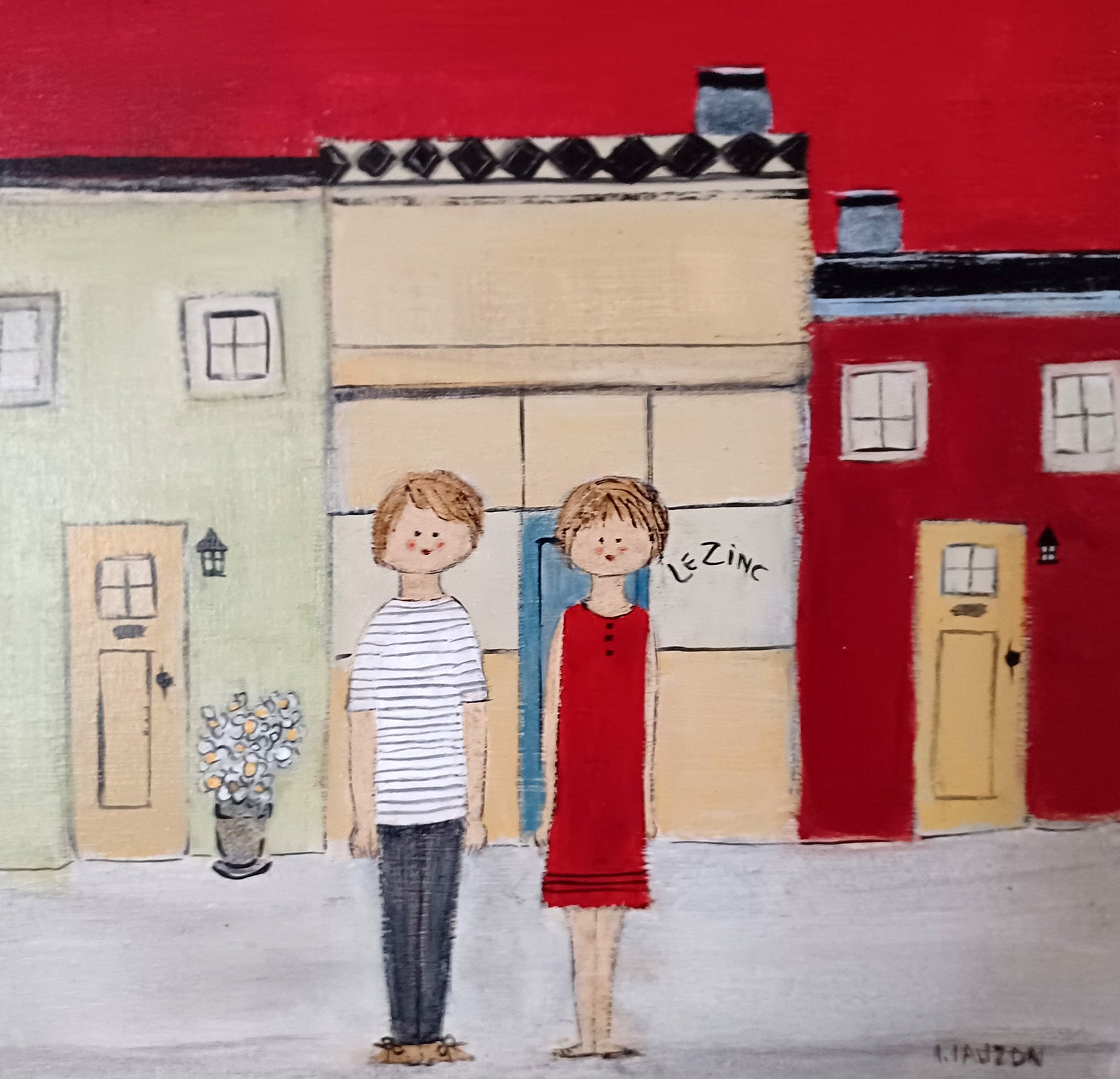 Figurative “Le Zinc” by Louise Lauzon – oil on canvas.