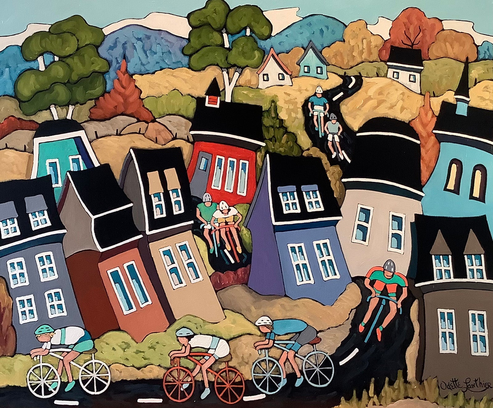 Cityscape “Velomania” by Odette Lanthier – oil on canvas.