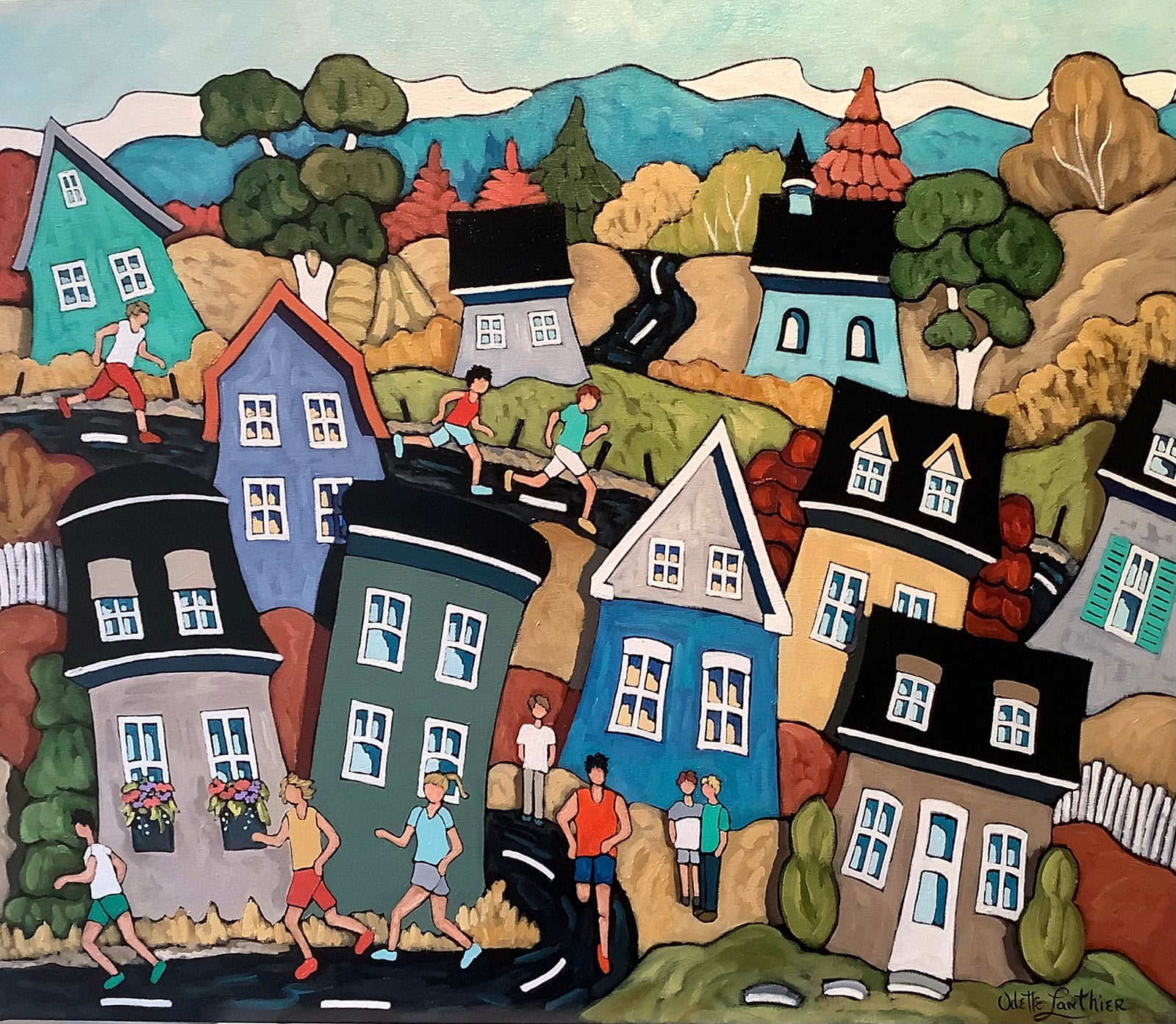 Cityscape “Le Marathon” by Odette Lanthier – oil on canvas.