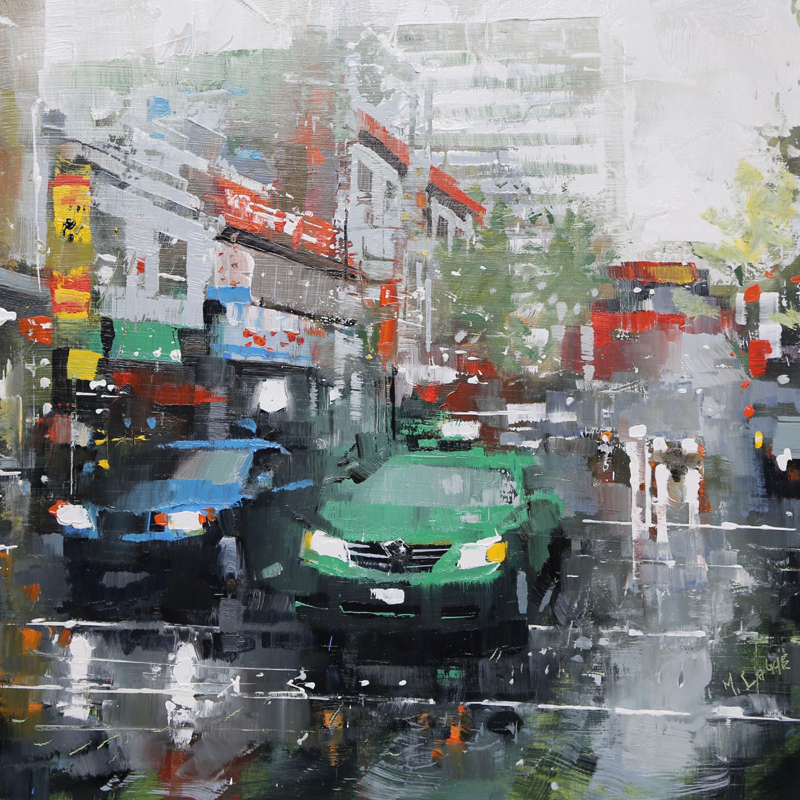 Cityscape “Chinatown Green & Blue” by Mark Lague – oil on panel.