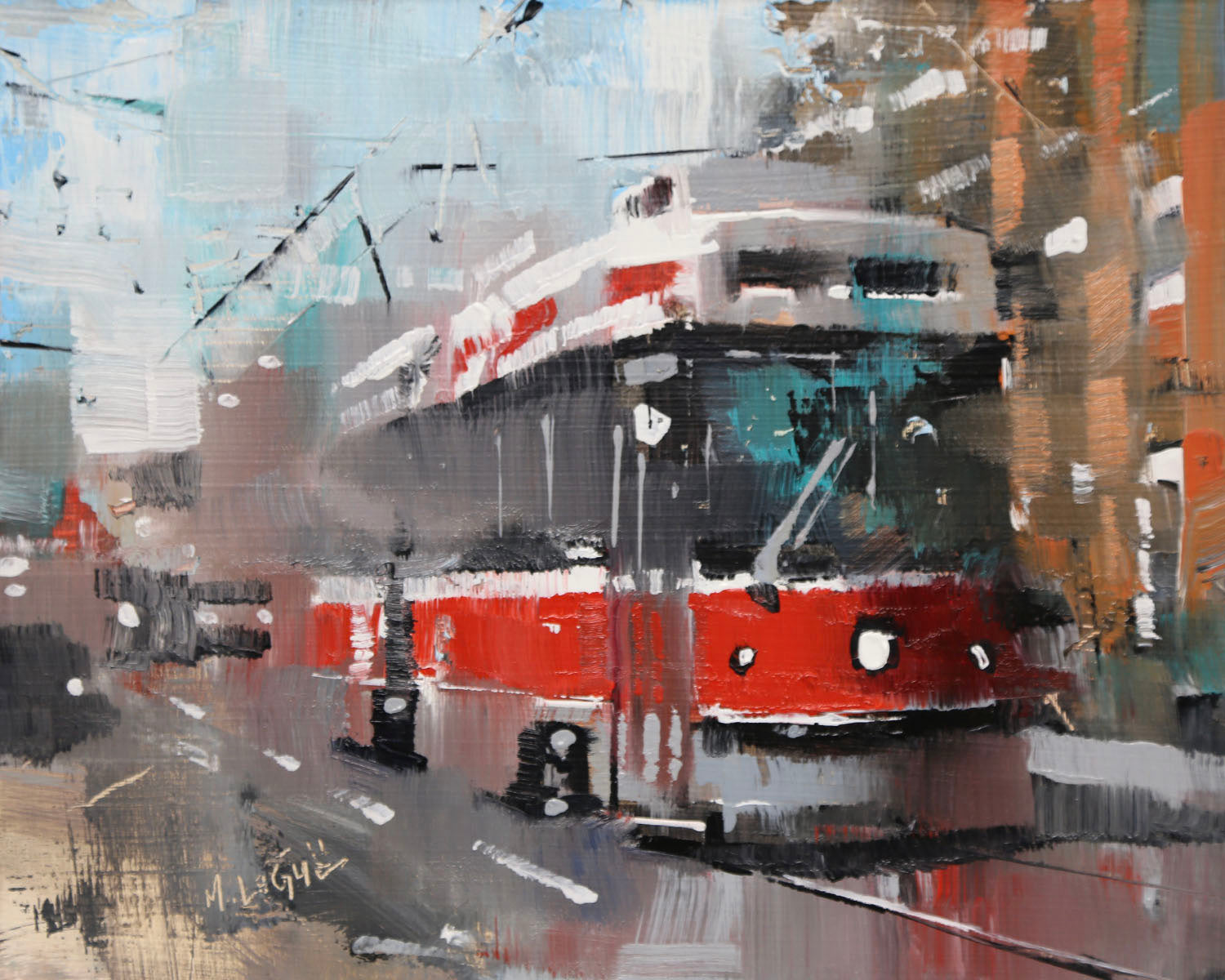 Cityscape “Toronto Streetcar” by Mark Lague – oil on panel.
