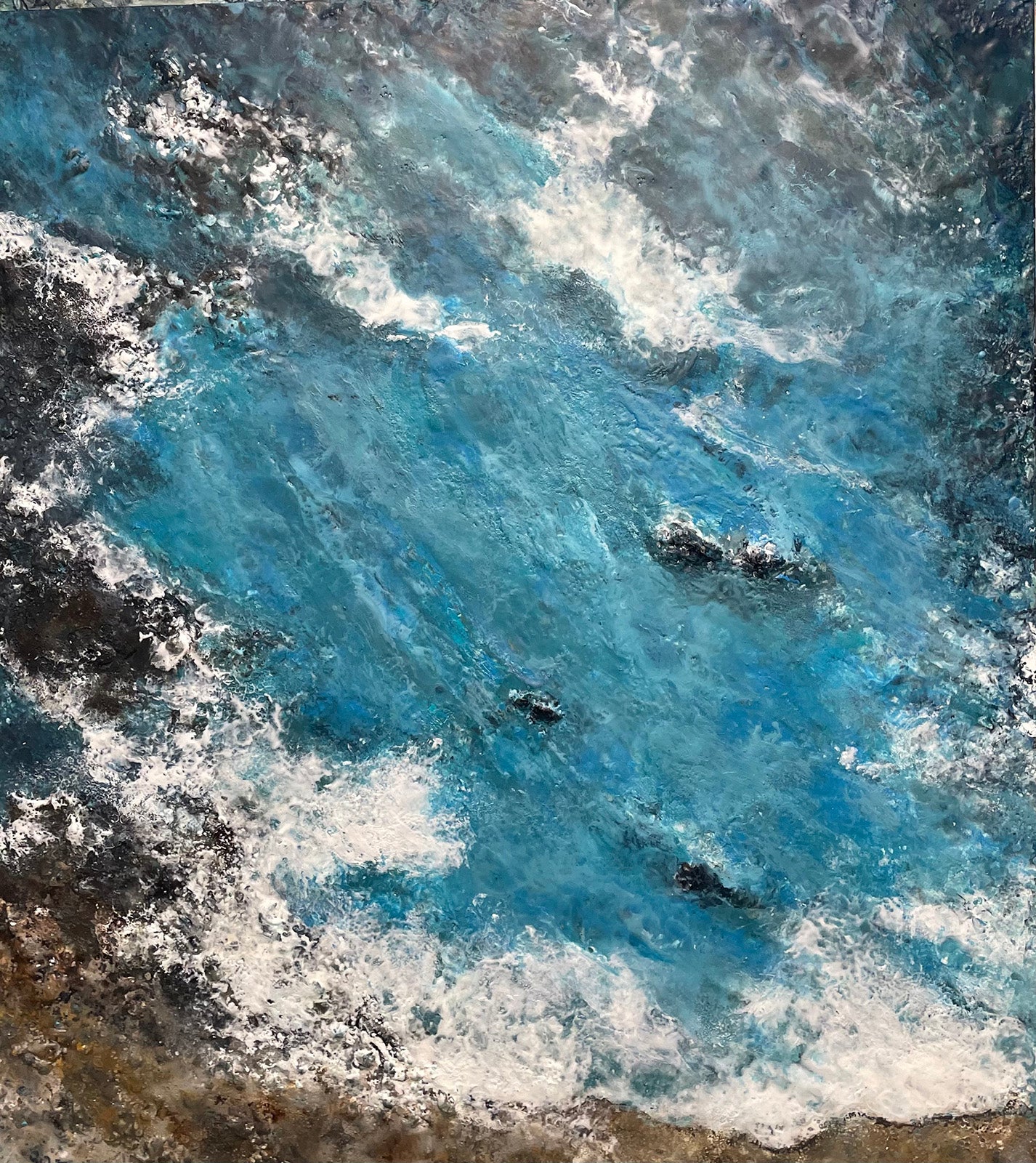 Seascape & Water “The Rugged Coastline” by Lee Anne LaForge – encaustic on panel.