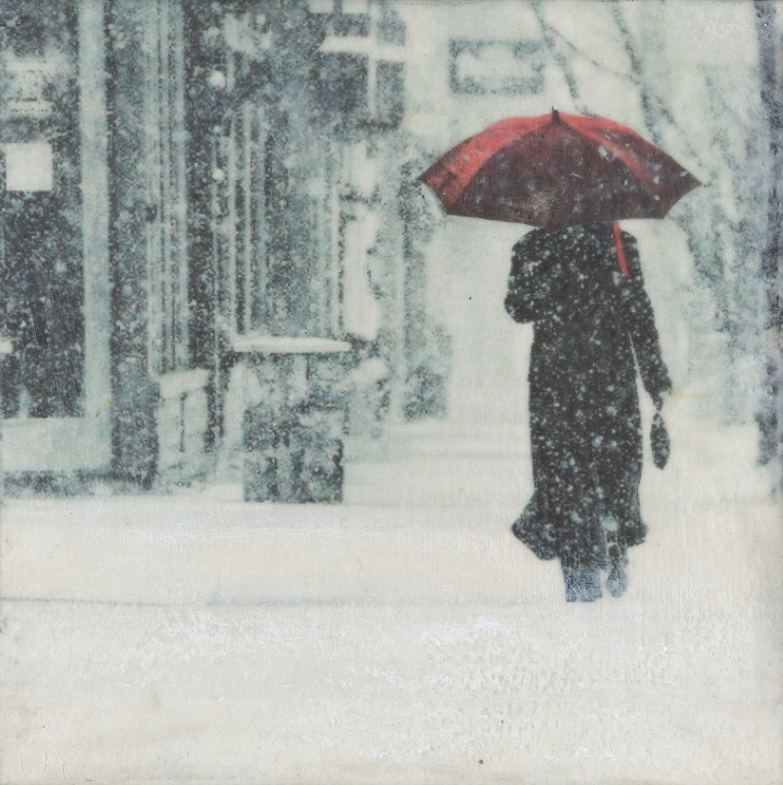 Figurative “Winter In The City” by Lee Anne LaForge – encaustic on panel.