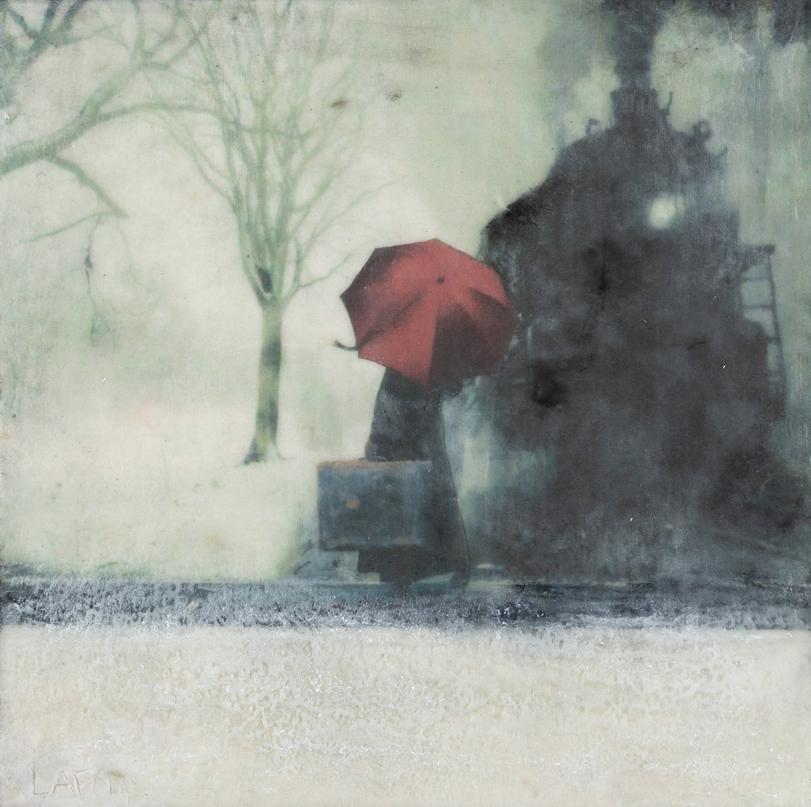 Figurative “Taking The Train Home” by Lee Anne LaForge – encaustic on panel.
