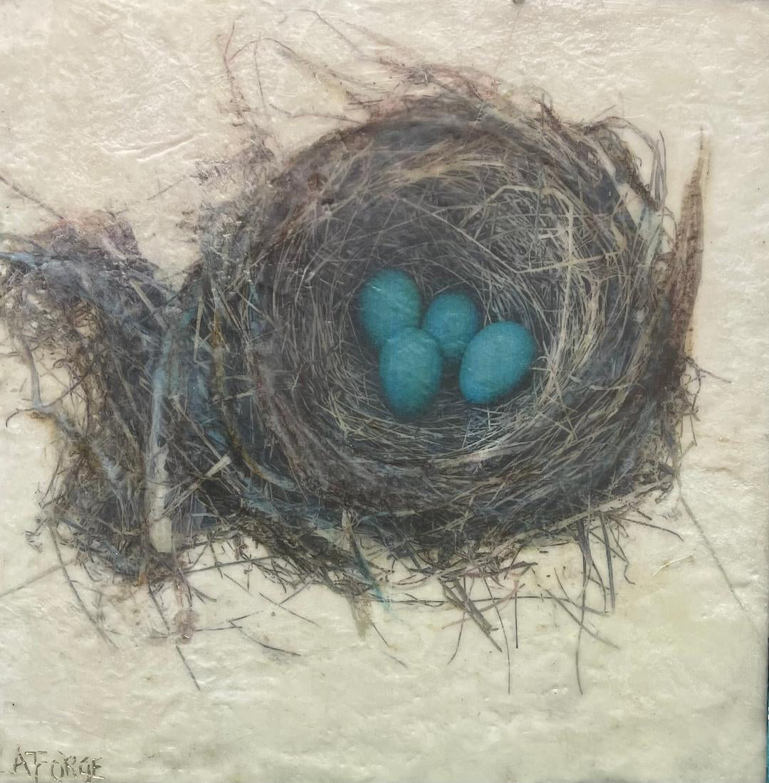 Birds “Robins Egg Blue” by Lee Anne LaForge – encaustic on panel.
